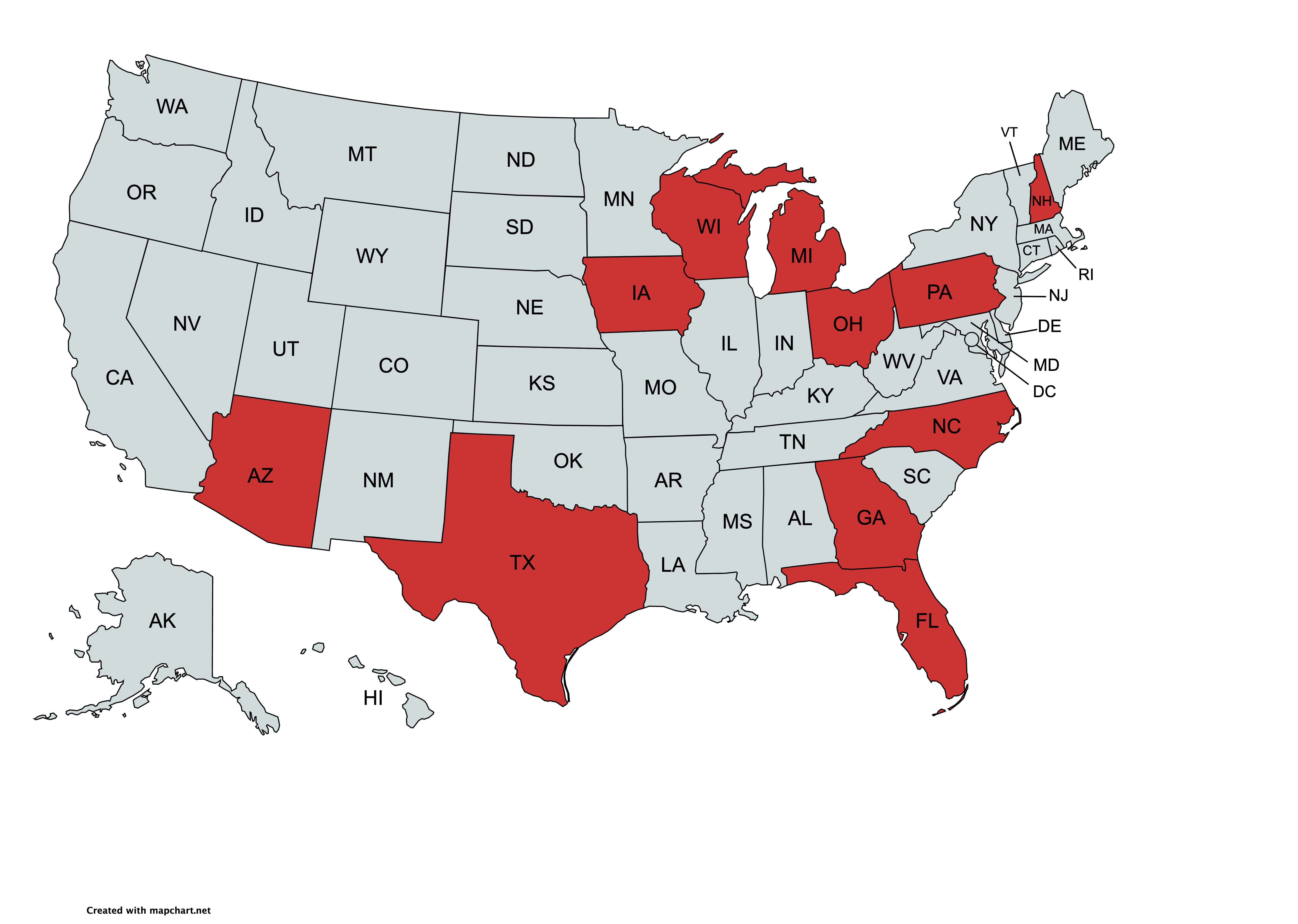 Map of US with 11 states colored red